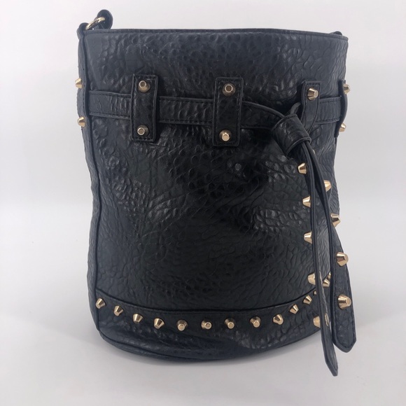 Vintage Handbags - Faux Leather Studded Black Bucket Bag